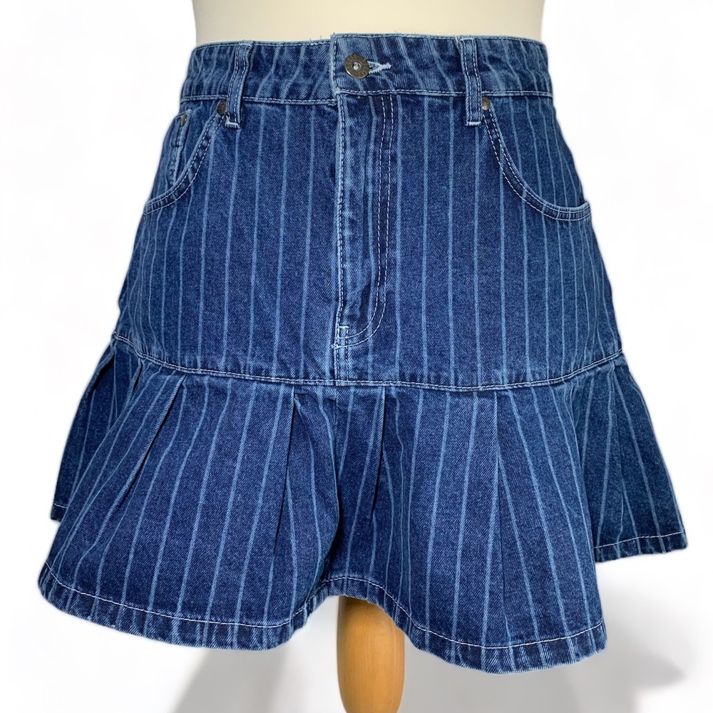 Ragged Priest Blue Denim Mini Skirt Pinstripe Flare With Pleats Waist 34" UK 16 - Picture 1 of 14